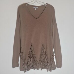 Tribella Sweater Womens Small Tan Fringe Tassel Hem V Neck Tunic Boho Western S